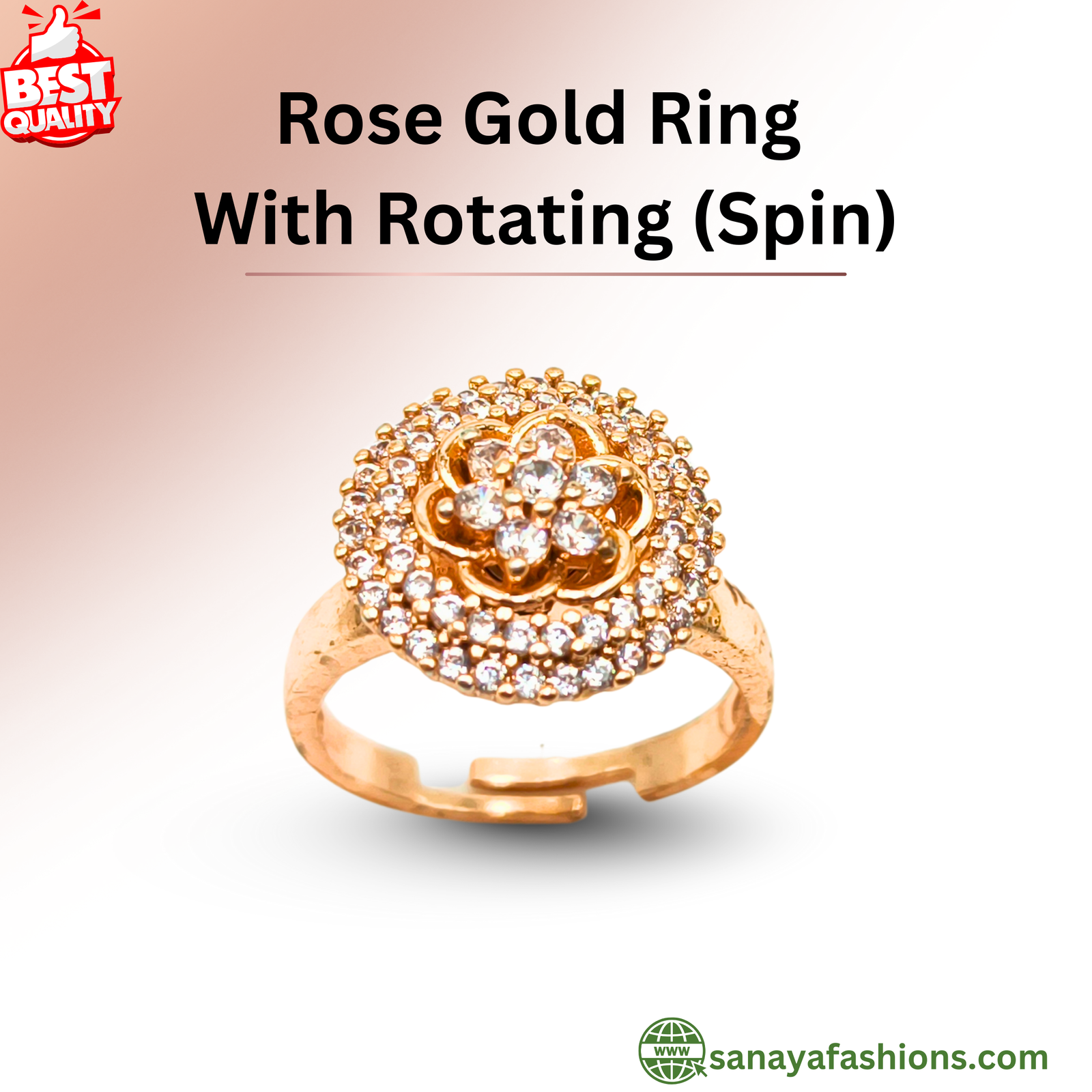 Sanaya Fashions Diamond Rose Gold Plated Adjustable Ring For Women/Girls Stainless Steel with Rotatable